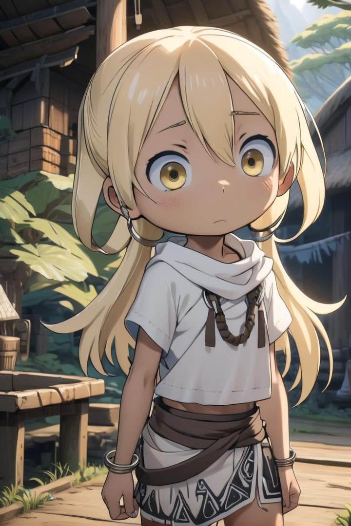 <lora:irumyuuisdxl-000019:0.5>8 year old girl, mia_irumyuui,she has (blonde hair).(yellow eye color), sfw,(blonde hair rings:1.5),dark skin, wooden village, (flat chest), white tribal savage rag skirt,outside, well lit, naval, chest fully covered in white savage tribal rags,draw it in the style of made in abyss,The soft lighting and detailed surroundings create an immersive environment where imagination runs wildhigh quality visuals, dim Lighting, sharply focused, octane render, 8k UHD