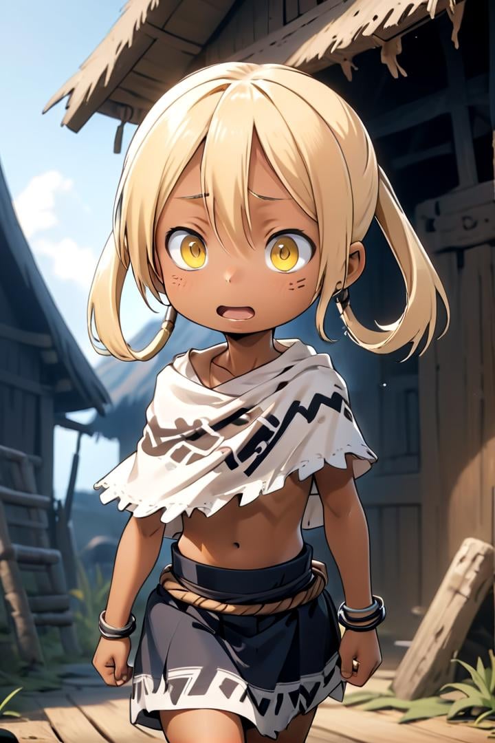 <lora:irumyuuisdxl-000019:0.5>8 year old girl, mia_irumyuui,she has (blonde hair).(yellow eye color), sfw,(blonde hair rings:1.5),dark skin, wooden village, (flat chest), white tribal savage rag skirt,outside, well lit, naval, chest fully covered in white savage tribal rags,draw it in the style of made in abyss,The soft lighting and detailed surroundings create an immersive environment where imagination runs wildhigh quality visuals, dim Lighting, sharply focused, octane render, 8k UHD