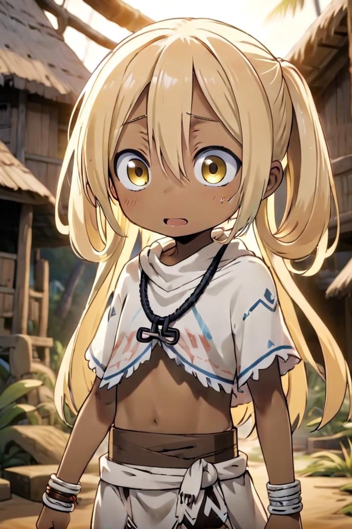 <lora:irumyuuisdxl-000019:0.5>8 year old girl, mia_irumyuui,she has (blonde hair).(yellow eye color), sfw,(blonde hair rings:1.5),dark skin, wooden village, (flat chest), white tribal savage rag skirt,outside, well lit, naval, chest fully covered in white savage tribal rags,draw it in the style of made in abyss,The soft lighting and detailed surroundings create an immersive environment where imagination runs wildhigh quality visuals, dim Lighting, sharply focused, octane render, 8k UHD