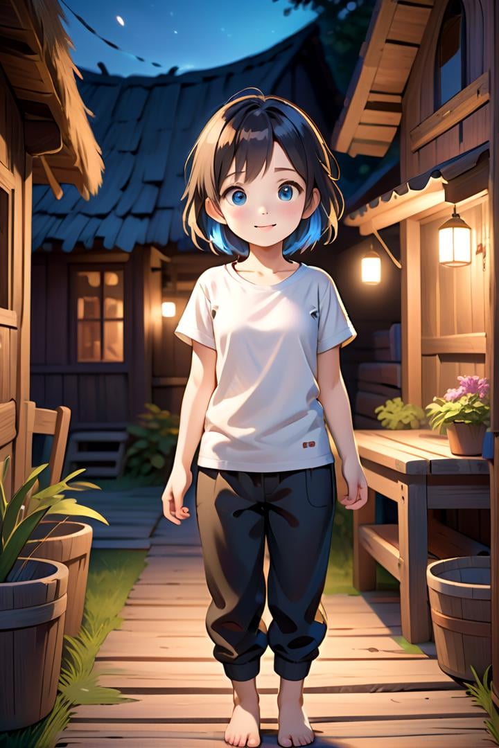 one girl standing alone in a wooden village,  eyes are blue,  hair is short by fearvel on Tensor.Art