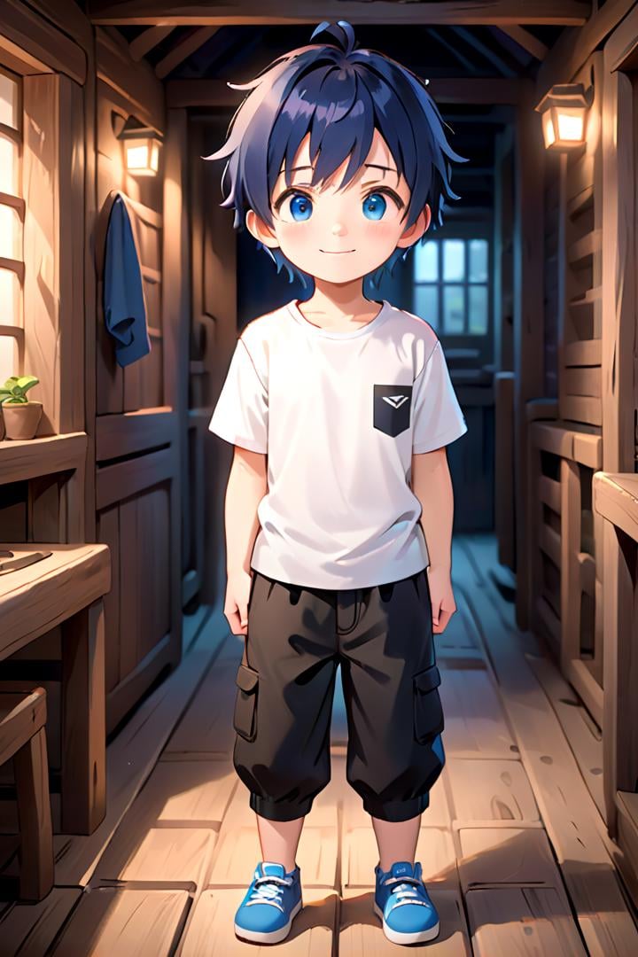one boy standing alone in a wooden village,  eyes are blue,  hair is short by fearvel on Tensor.Art