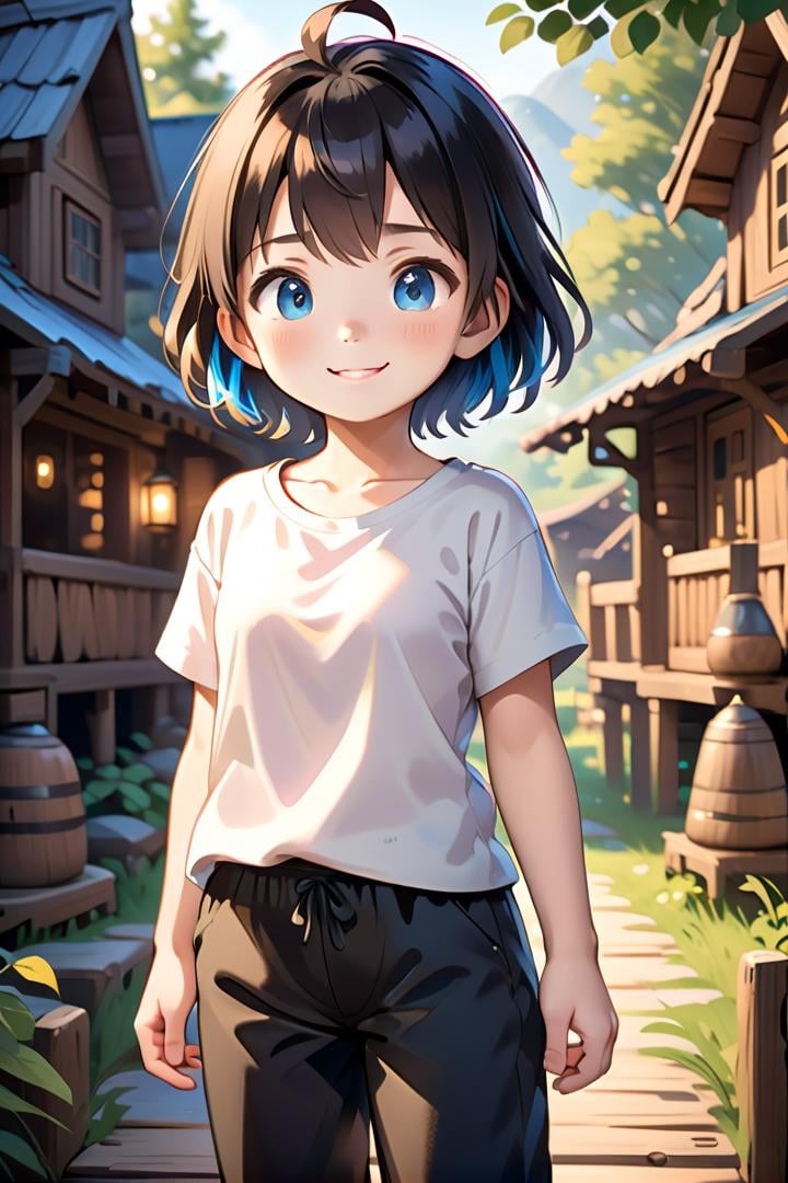 one girl standing alone in a wooden village,  eyes are blue,  hair is short by fearvel on Tensor.Art