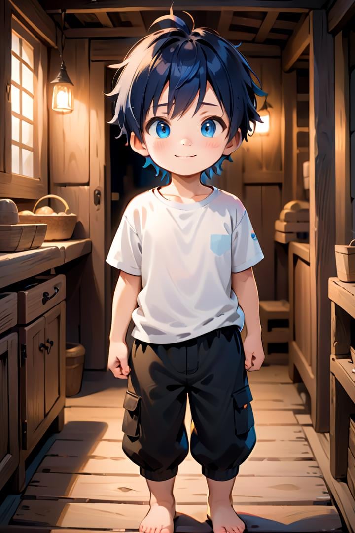 one boy standing alone in a wooden village,  eyes are blue,  hair is short by fearvel on Tensor.Art