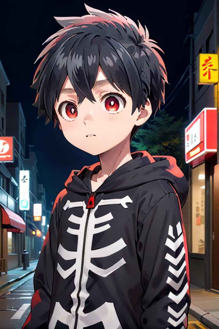 one 12-year-old boy named kabane_kusaka,  standing alone in a city,  his pupils are white his corona is red by fearvel on...