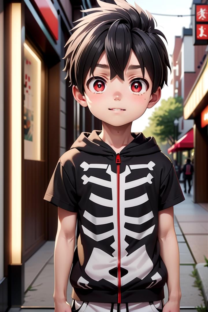 one 12-year-old boy named kabane_kusaka,  standing alone in a city,  his pupils are white his corona is red by fearvel on...