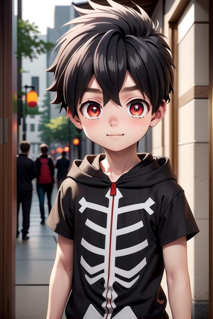 one 12-year-old boy named kabane_kusaka,  standing alone in a city,  his pupils are white his corona is red by fearvel on...