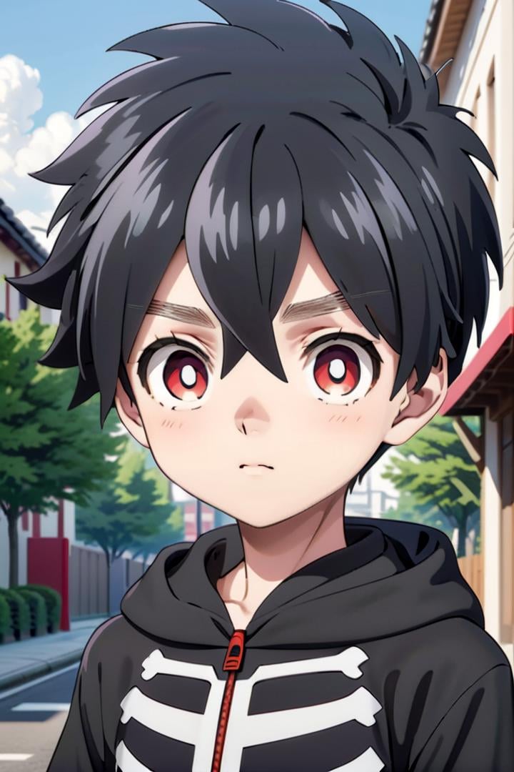 one 12-year-old boy named kabane_kusaka,  standing alone in a city,  his pupils are white his corona is red by fearvel on...