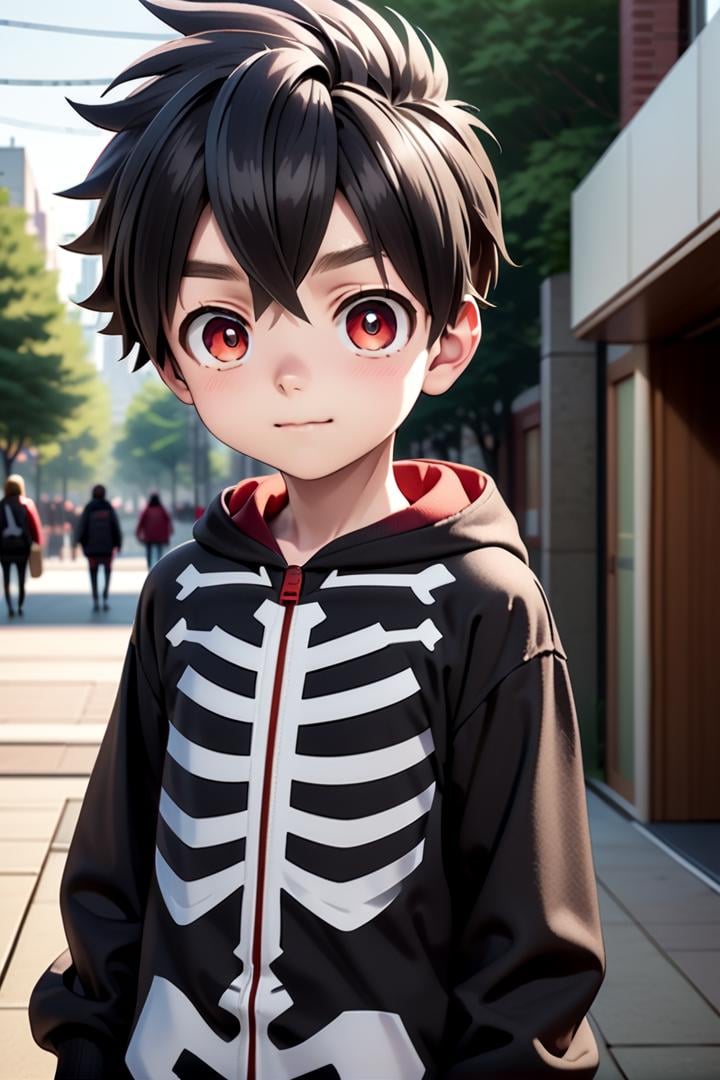 one 12-year-old boy named kabane_kusaka,  standing alone in a city,  his pupils are white his corona is red by fearvel on...