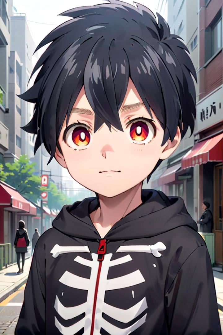 one 12-year-old boy named kabane_kusaka,  standing alone in a city,  his pupils are white his corona is red by fearvel on...