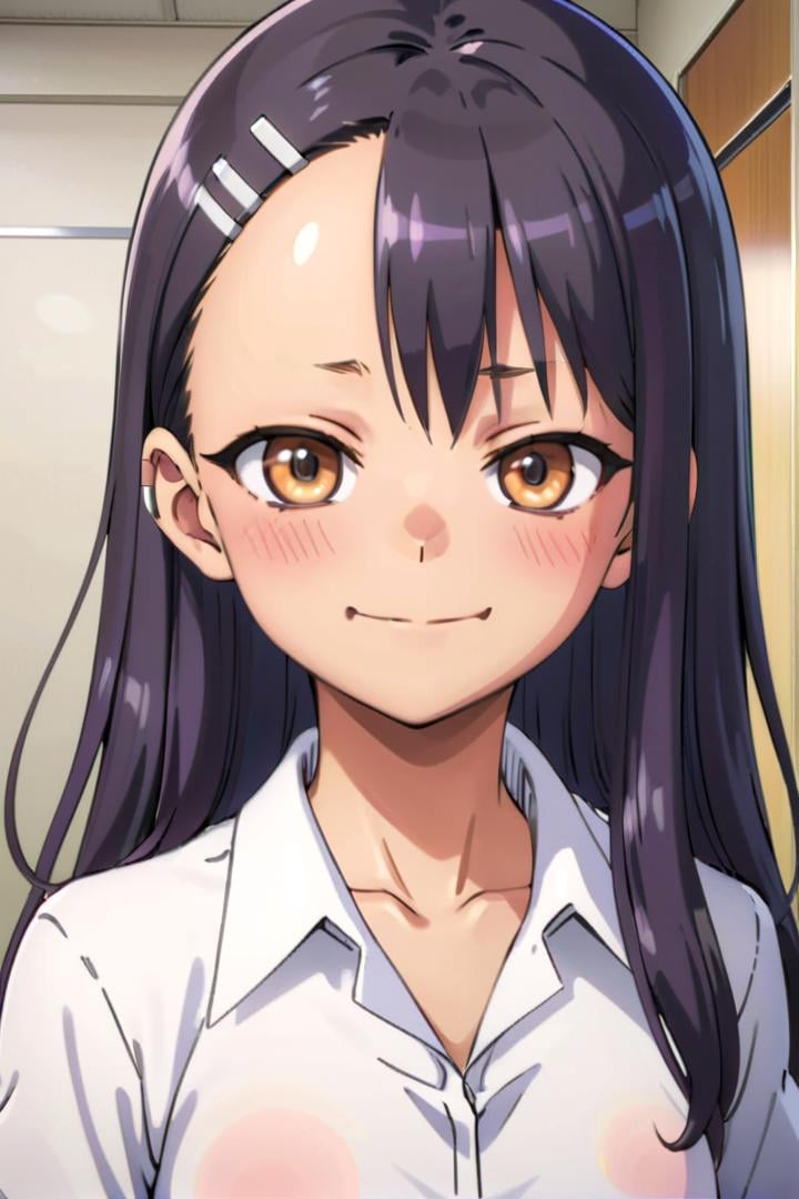 a girl nagatoro hayase standing in a japanese school hallway,  she is wearing a collared white shirt,  she has a smug expr...
