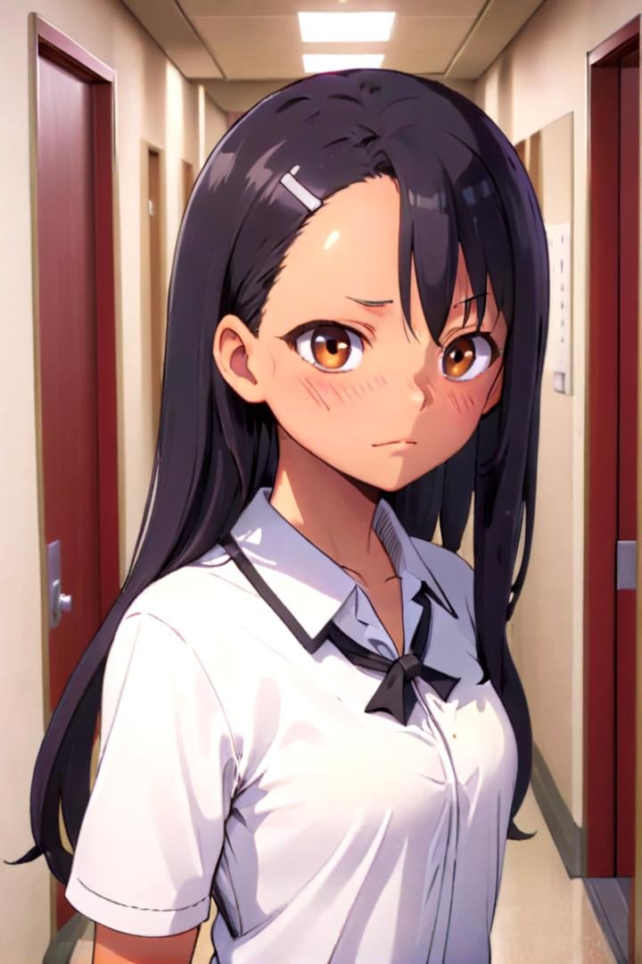 a girl nagatoro hayase standing in a japanese school hallway,  she is wearing a collared white shirt,  she is sneering by...