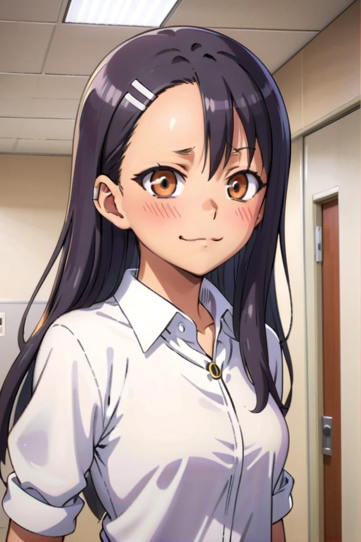a girl nagatoro hayase standing in a japanese school hallway,  she is wearing a collared white shirt,  she has a smug expr...