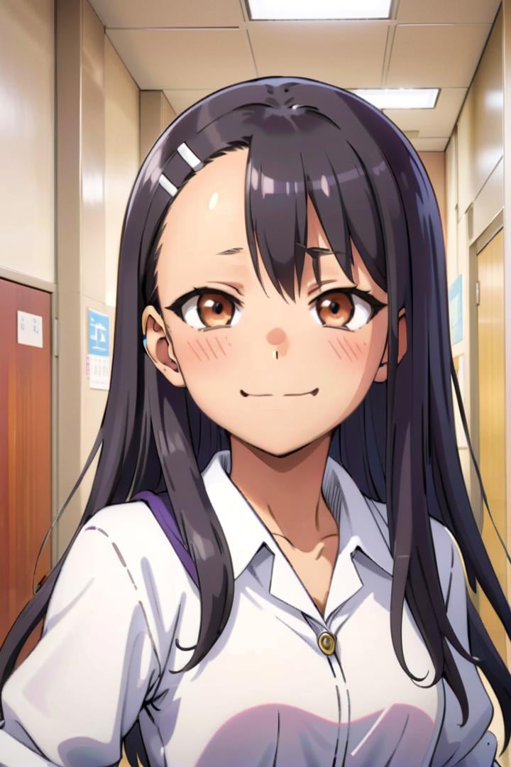 a girl nagatoro hayase standing in a japanese school hallway,  she is wearing a collared white shirt,  she has a smug expr...
