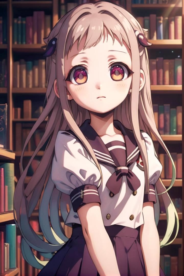 1girl named yashiro_nene,  standing alone in a library,  she has multicolored eyesshe is wearing a school uniform with puf...