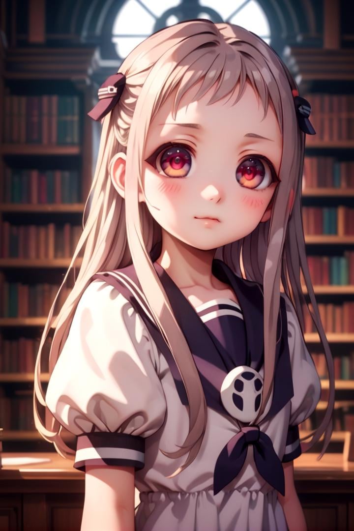 1girl named yashiro_nene,  standing alone in a library,  she has multicolored eyesshe is wearing a school uniform with puf...