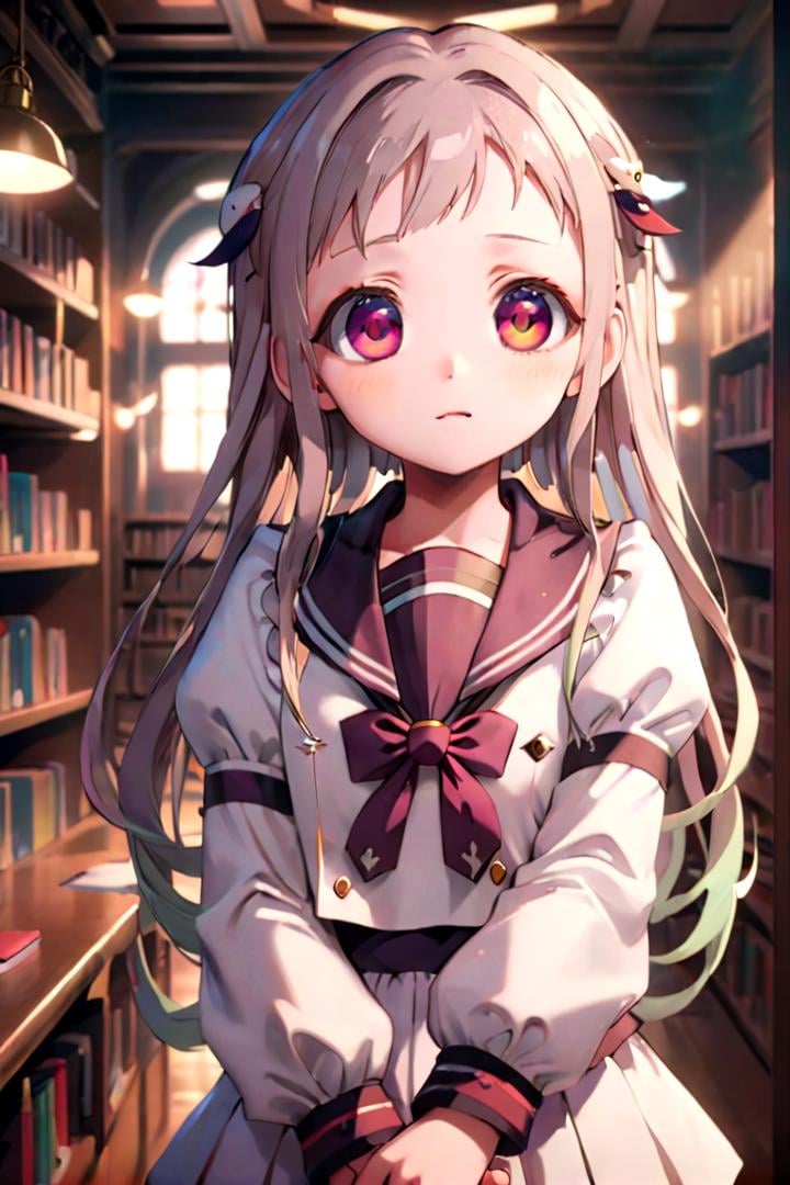 1girl named yashiro_nene,  standing alone in a library,  she has multicolored eyesshe is wearing a school uniform with puf...