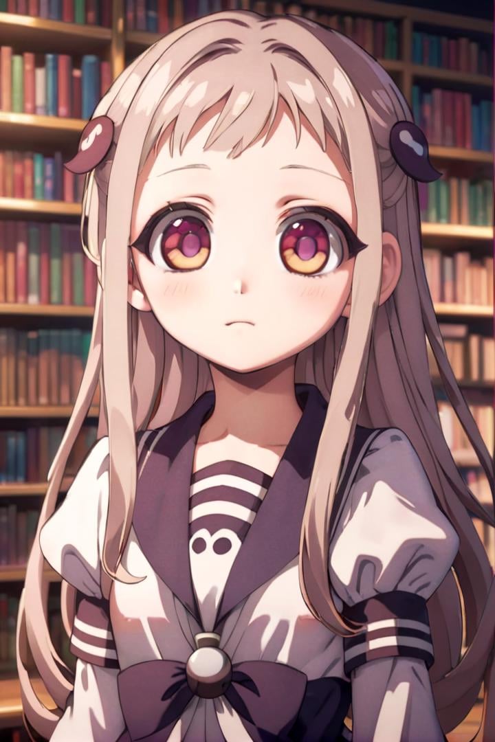 1girl named yashiro_nene,  standing alone in a library,  she has multicolored eyesshe is wearing a school uniform with puf...