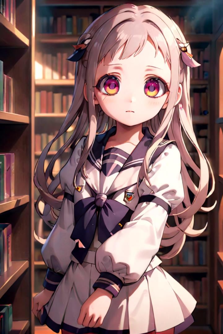 1girl named yashiro_nene,  standing alone in a library,  she has multicolored eyesshe is wearing a school uniform with puf...
