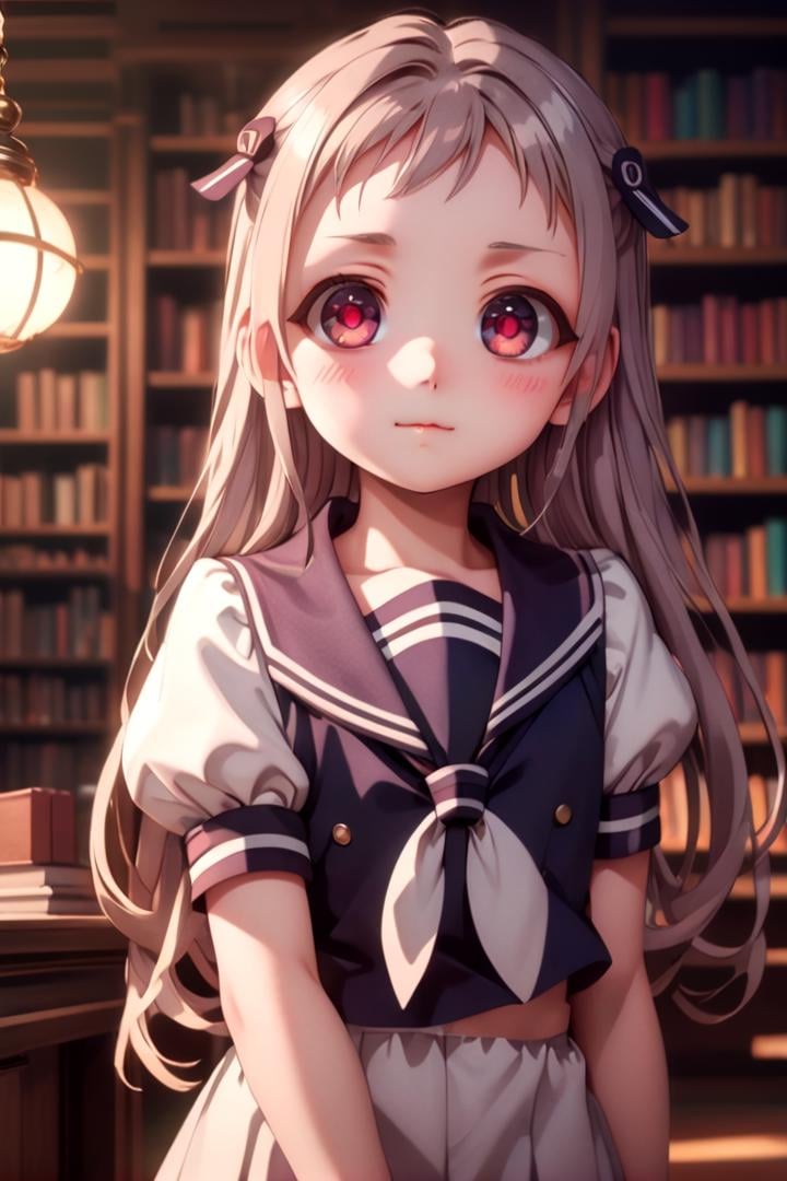 1girl named yashiro_nene,  standing alone in a library,  she has multicolored eyesshe is wearing a school uniform with puf...