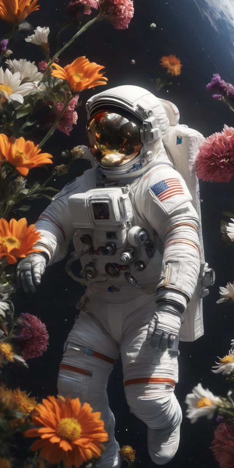 1man, dynamic pose, flowers, high_res, photorealistic, Masterpiece,astronaut_flowers