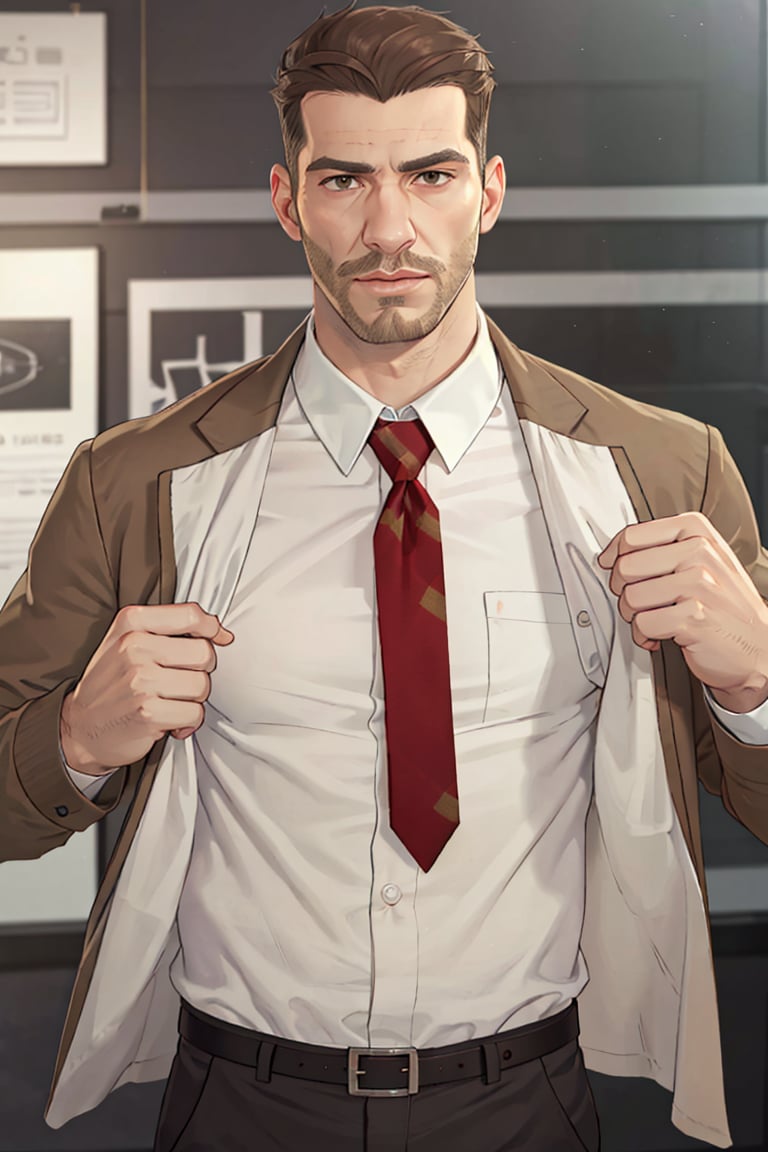 (1 image only), solo male, bara, Chase Devineaux, French, detective, brown hair, short hair, hair slicked back, brown eyes, sideburns, facial hair, broad stubble, white collared shirt, striped brown/red necktie, pure brown suit jacket, pants, mature, handsome, charming, alluring, standing, upper body , perfect anatomy, perfect proportions, (best quality, masterpiece), high_resolution, photorealistic, hyperrealistic, madly detailed photo, hyper-realistic lifelike texture, picture-perfect face, (realistic eyes, perfect eyes, perfect eye pupil), perfect hands, dutch angle