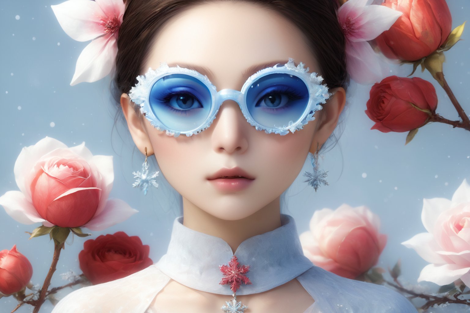 Create a modern-styled portrait of a gentle lady inspired by roses and love, wearing snowflake glasses,utilizing the vibrant color palettes and sleek lines reminiscent of the works by Chinese contemporary artist Zhang Xiaogang.,Enhance,Daughter of Dragon God,Young beauty spirit ,Perfect skin,sfglasees,,snowflake glasses