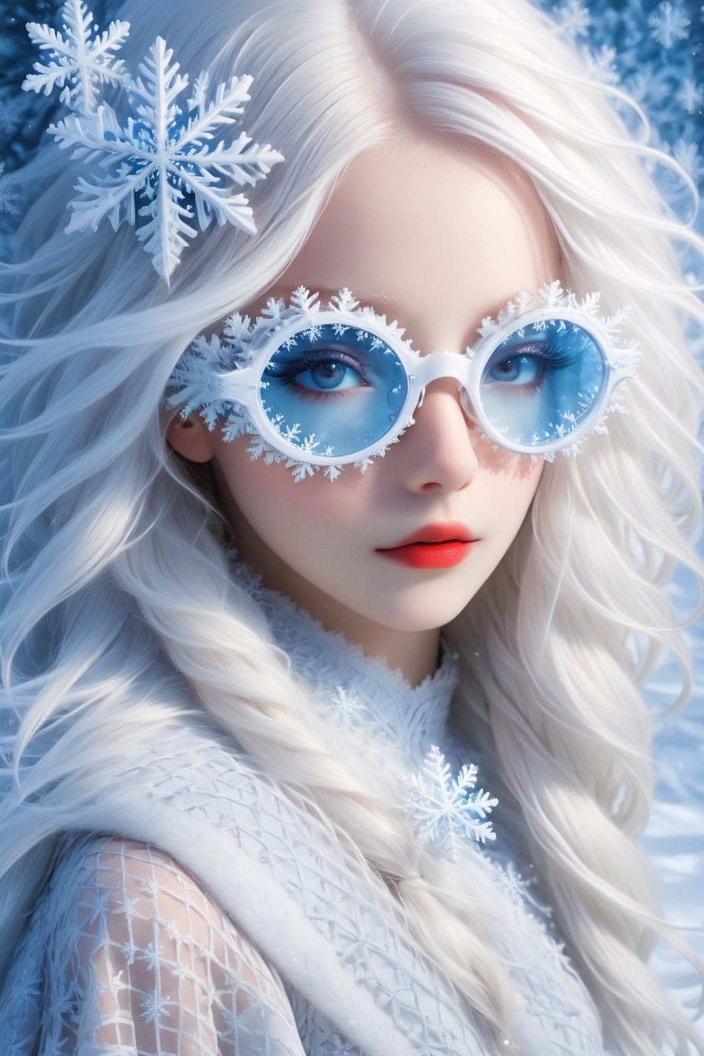 A girl with extremely fair complexion, almost appearing ghostly, possesses stunning flowing white hair that cascades down past her shoulders. Her eyes, an intense shade of red, glow eerily against her pale skin. wearing snowflake glasses,This mesmerizing image, resembling a high-resolution photograph, captures every intricate detail of the girl's ethereal beauty. From the flawless complexion to the intricately styled white hair and mesmerizing grey eyes, the picture showcases the subject in astounding clarity. The exceptional quality of the image transports viewers into a world where they can effortlessly admire the girl's otherworldly features,snowflake glasses