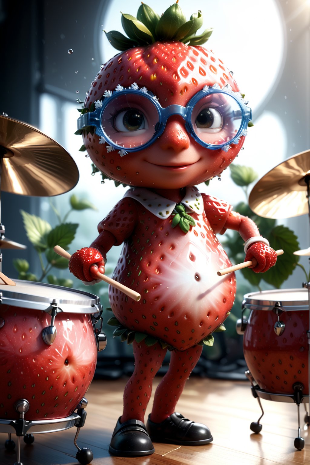 ((masterpiece:1.3,concept art,best quality,photorealistic)), very cute appealing    anthropomorphism of strawberry , playing drums pear, wearing sfglasses,drum set background,looking at the viewer, big grin, happy,, droplets, macro, sunlight, fantasy art, dynamic composition, dramatic lighting, epic realistic, award winning illustration, more detail XL,,sfglasees,snowflake glasses