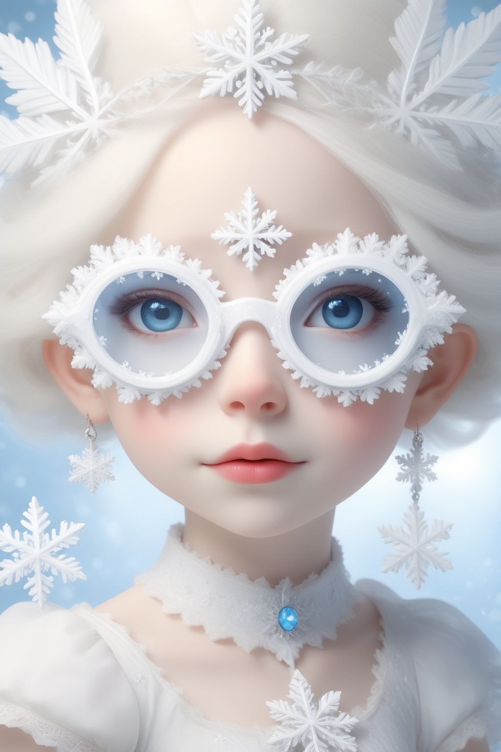 (Photorealistic Stick: 1.2), Sharp focus, (wearing snowflake glasses), Albino angel girl with seductively beautiful alabaster skin, , cute face, detailed and perfect face, cuteness loved by everyone ,
A bright smile full of compassion, beautiful red lips, big eyes, soft expression, light blue pupils, white eyelashes, white hair,
Her porcelain-white skin, reflecting an almost heavenly glow, (((Victorian wedding dress, expensive, intricately designed tiara)), with intricate lacework and intricate details of lace and embroidery. Pure white wedding dress, (dancing, random pose, changing pose, dynamic angle,), happy atmosphere,snowflake glasses