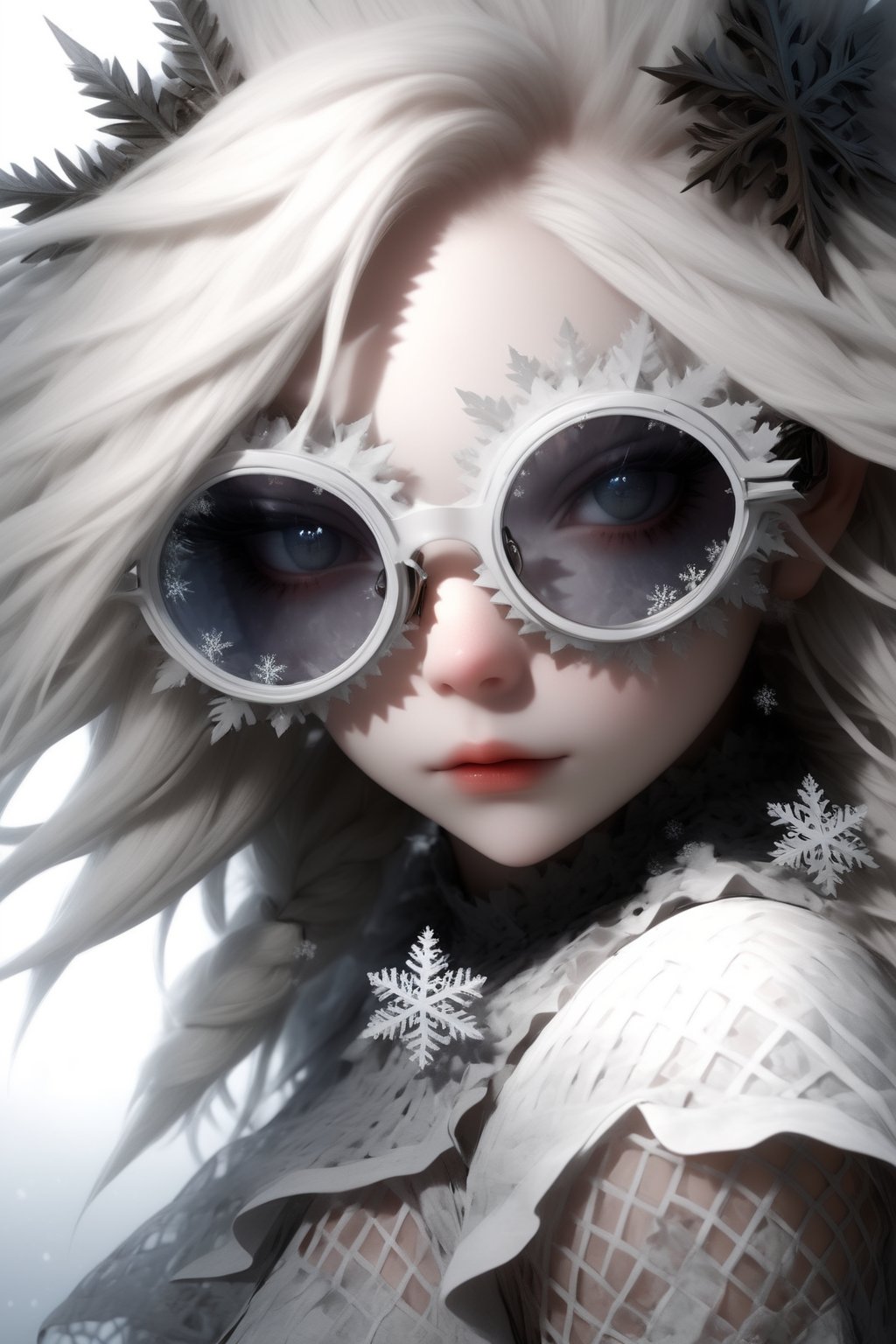 1 girl, (masterful), albino demon girl with lethargic sleepy smokey eyes,(white dreadlocks hair),((slit pupil eyes)),mesh fishnet blouse, () ,wearing snowflake glasses,
best quality, highest quality, extremely detailed CG unity 8k wallpaper, detailed and intricate, 
,,Glass Elements,sfglasees,,snowflake glasses