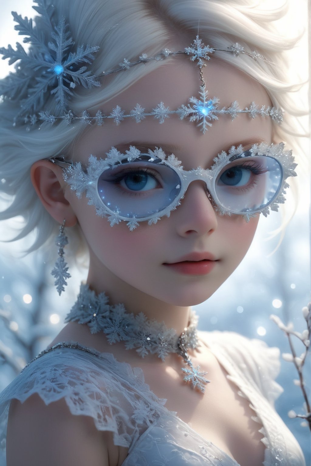 ((Bokeh:1.5)),((Soft focus:1.5)),(Fog),((blur)),(Lens Flare),
The Childlike Empress,stunning beautiful young albino girl,14 yers old,alabaster skin,very short brown  hair,wearing snowflake glasses,((Slicked back hair)),(head chain with jewelry stone),((viewed from side:1.5)),
girl has Beautiful blue eyes, soft expression, Depth and Dimension in the Pupils, She wears white delicate fractal pattern lace dress, , creating a sense of movement and depth.
p3rfect boobs,3d toon style,snowflake glasses