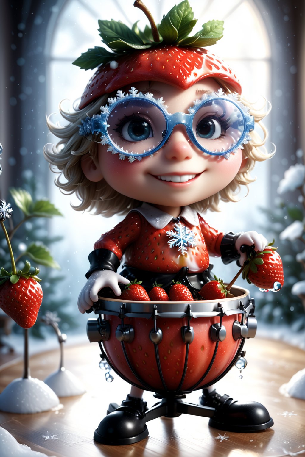 ((masterpiece:1.3,concept art,best quality,photorealistic)), very cute appealing    anthropomorphism of strawberry , playing drums pear, wearing snowflake glasses,drum set background,looking at the viewer, big grin, happy,, droplets, macro, sunlight, fantasy art, dynamic composition, dramatic lighting, epic realistic, award winning illustration, more detail XL,,snowflake glasses