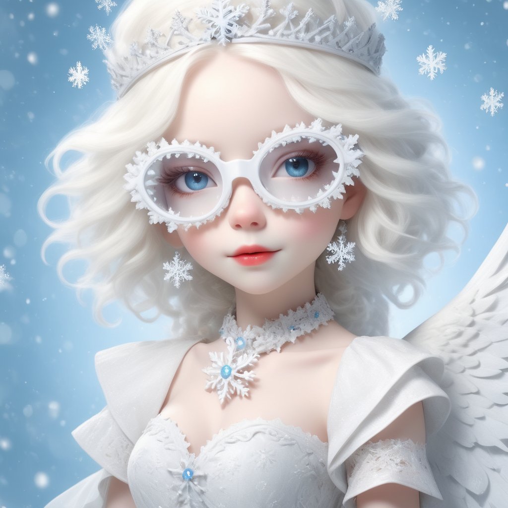 (Photorealistic Stick: 1.2), Sharp focus, (wearing snowflake glasses), Albino angel girl with seductively beautiful alabaster skin, , cute face, detailed and perfect face, cuteness loved by everyone ,
A bright smile full of compassion, beautiful red lips, big eyes, soft expression, light blue pupils, white eyelashes, white hair,
Her porcelain-white skin, reflecting an almost heavenly glow, (((Victorian wedding dress, expensive, intricately designed tiara)), with intricate lacework and intricate details of lace and embroidery. Pure white wedding dress, (dancing, random pose, changing pose, dynamic angle,), happy atmosphere,snowflake glasses