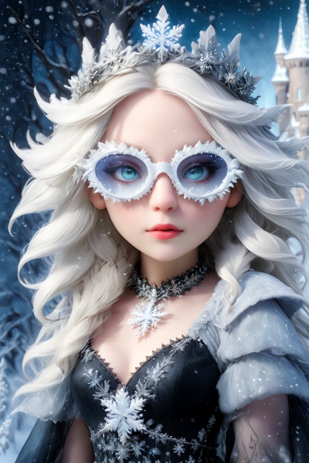 best quality,ultra-detailed,realistic,dark queen,snow,beautiful detailed eyes,long flowing hair,regal crown,dark makeup,pale skin,black dress,wearing snowflake glasses,gloomy atmosphere,haunting shadows,mysterious,enchanted winter landscape,moonlight,queen's palace,ice crystals,frozen roses,ethereal beauty,cold breath,strong presence,stormy sky,ominous clouds,silent snowfall,glistening snowflakes,icy throne,winter spirit,drama and elegance,gothic art style,subtle color palette,luminous moonlight,soft candlelight,emotive lighting,contrasting highlights and shadows,snowflake glasses