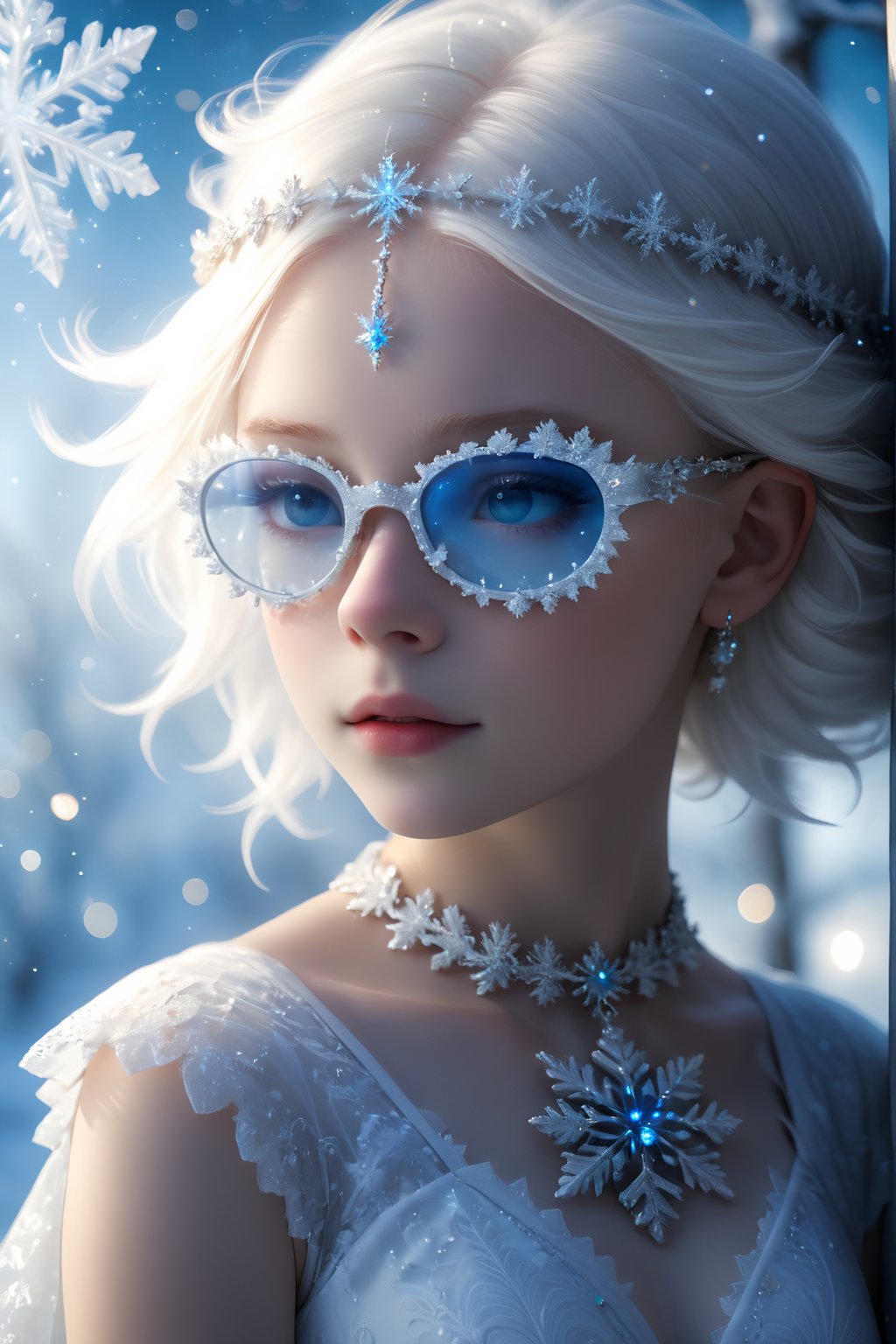 ((Bokeh:1.5)),((Soft focus:1.5)),(Fog),((blur)),(Lens Flare),
The Childlike Empress,stunning beautiful young albino girl,14 yers old,alabaster skin,very short brown  hair,wearing snowflake glasses,((Slicked back hair)),(head chain with jewelry stone),((viewed from side:1.5)),
girl has Beautiful blue eyes, soft expression, Depth and Dimension in the Pupils, She wears white delicate fractal pattern lace dress, , creating a sense of movement and depth.
p3rfect boobs,3d toon style,snowflake glasses