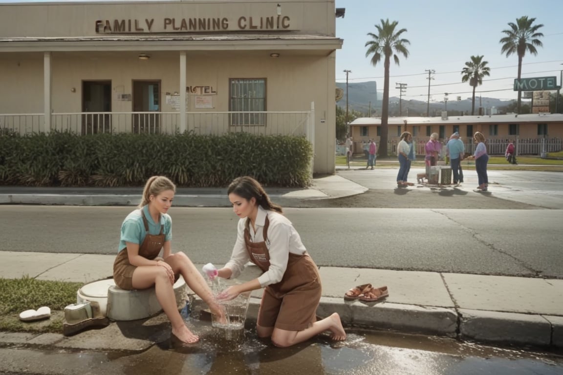 washingfeet,  2girls,  brunette woman,  brown overalls,  white long sleeve shirt,  bare feet,  blonde woman,  kneeling,  holding her feet,  tub,  water,  discared footwear,  building exterior,  building reads "FAMILY PLANNING CLINIC",  people on strike in background,  picket fence,  sign reads "MOTEL",  palm trees,  outdoors,  sidewalk,  seated on bench,<lora:EMS-294229-EMS:0.700000>,<lora:EMS-292524-EMS:1.000000>