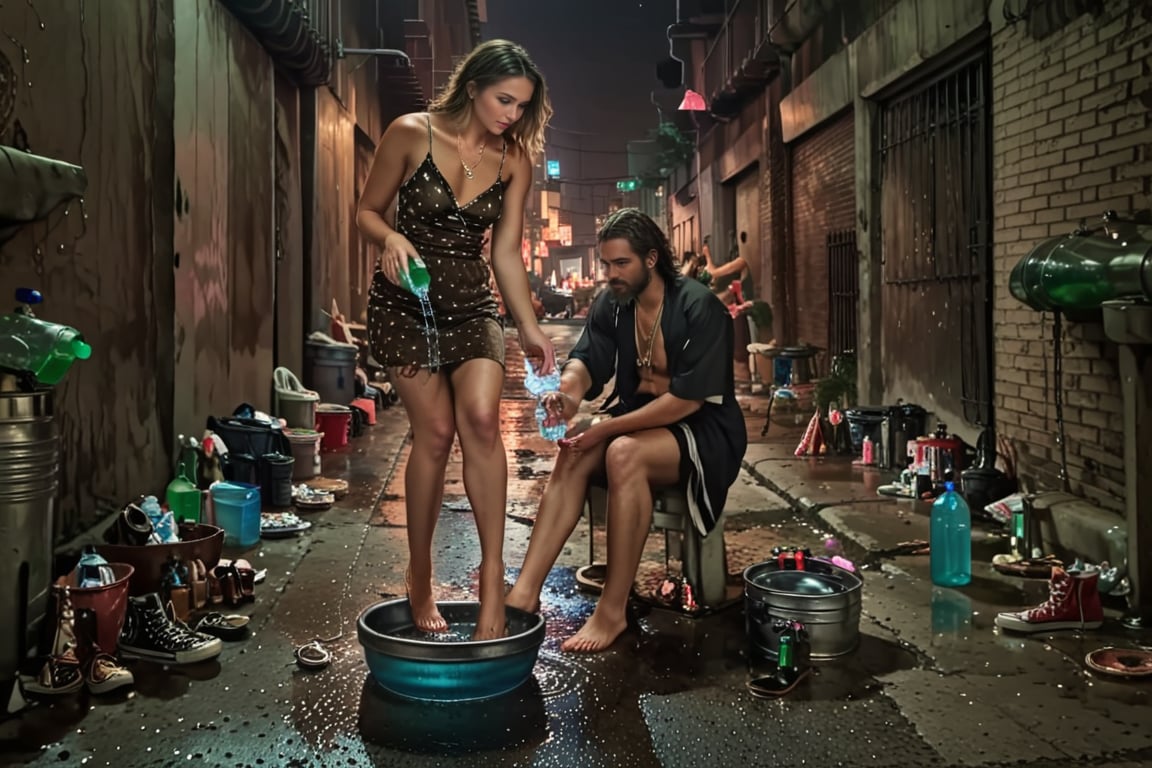 washingfeet,  1girl,  1boy,  jesus christ,  brunette man,  beard,  mustache,  brown robe,  cross necklace,  pouring water on feet,  holding bottle,  discarded converse all stars,  blonde woman,  looking at another,  bare feet,  discared high heels,  tank top,  cleavage,  skirt,  tub,  in back alley,  at night,<lora:EMS-84419-EMS:1.000000>,<lora:EMS-84419-EMS:1.000000>,<lora:EMS-294229-EMS:0.800000>