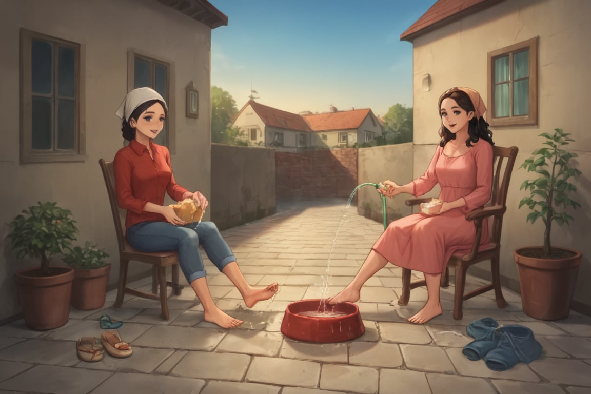 washingfeet,  2girls,  muslim woman,  head scarf,  red long sleeve shirt,  blue jeans,  bare feet,  seated on folding outdoor chair,  discarded flats,  brunette woman sitting on feet pink dress bare feet,  holding sponge,  holding her foot,  bowl,  hose,  discarded shoes,  brick path,  house exteriors,  in back yard,  plants,  onlookers,  at night,<lora:EMS-294244-EMS:0.800000>,<lora:EMS-292524-EMS:1.000000>