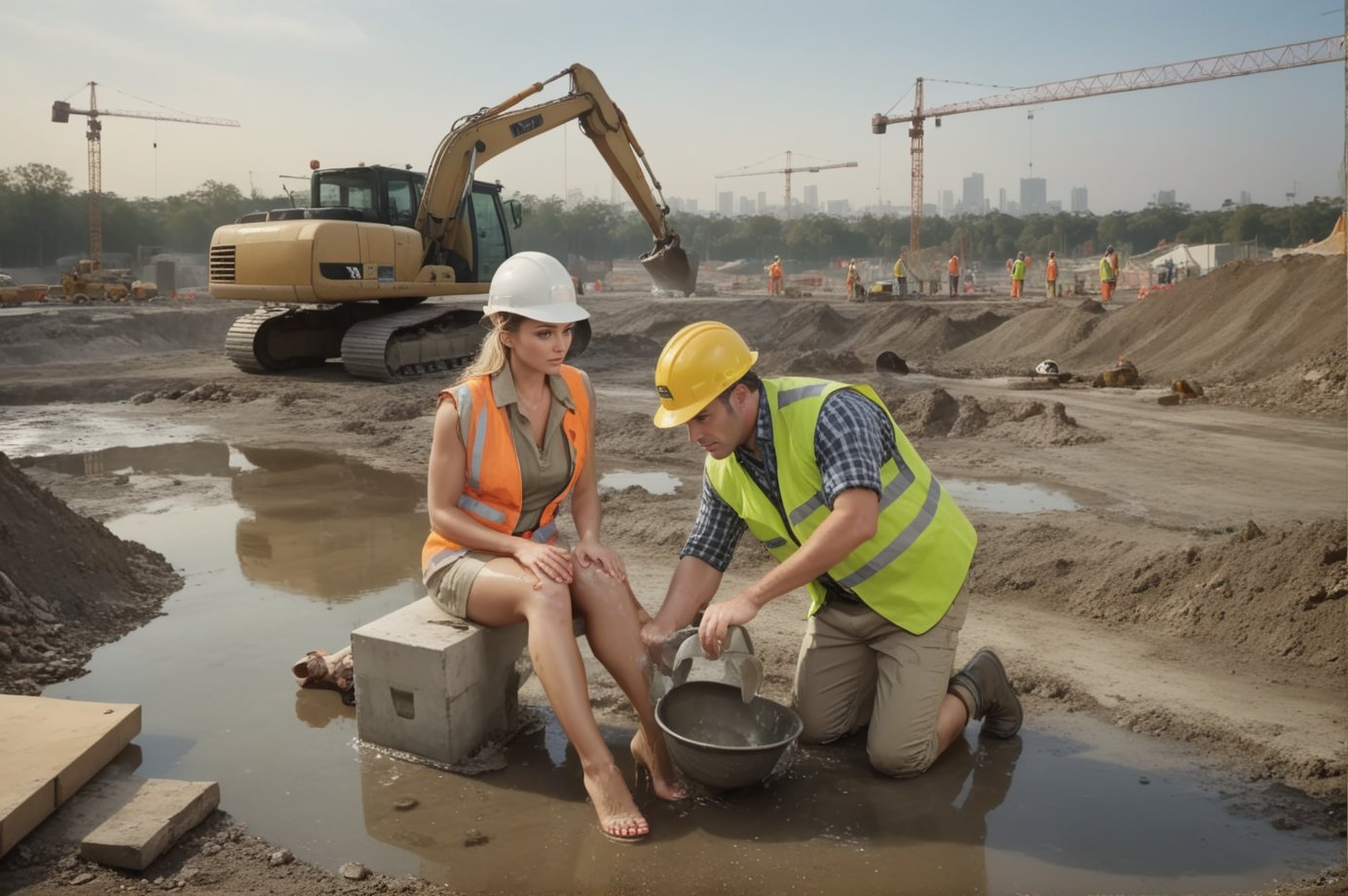 washingfeet,  1girl,  1boy,  blonde woman,  wet see through white mini dress,  bare feet,  discarded high heels,  brunette construction worker,  holding hard hat,  high vis vest,  muscular arms,  khaki pants,  on one knee,  bare feet,  discared boots,  at constuction site,  surrounded by hooting and hollering construction workers in hard hats,  at construction site,  trucks,  construction equipment,<lora:EMS-294229-EMS:0.800000>