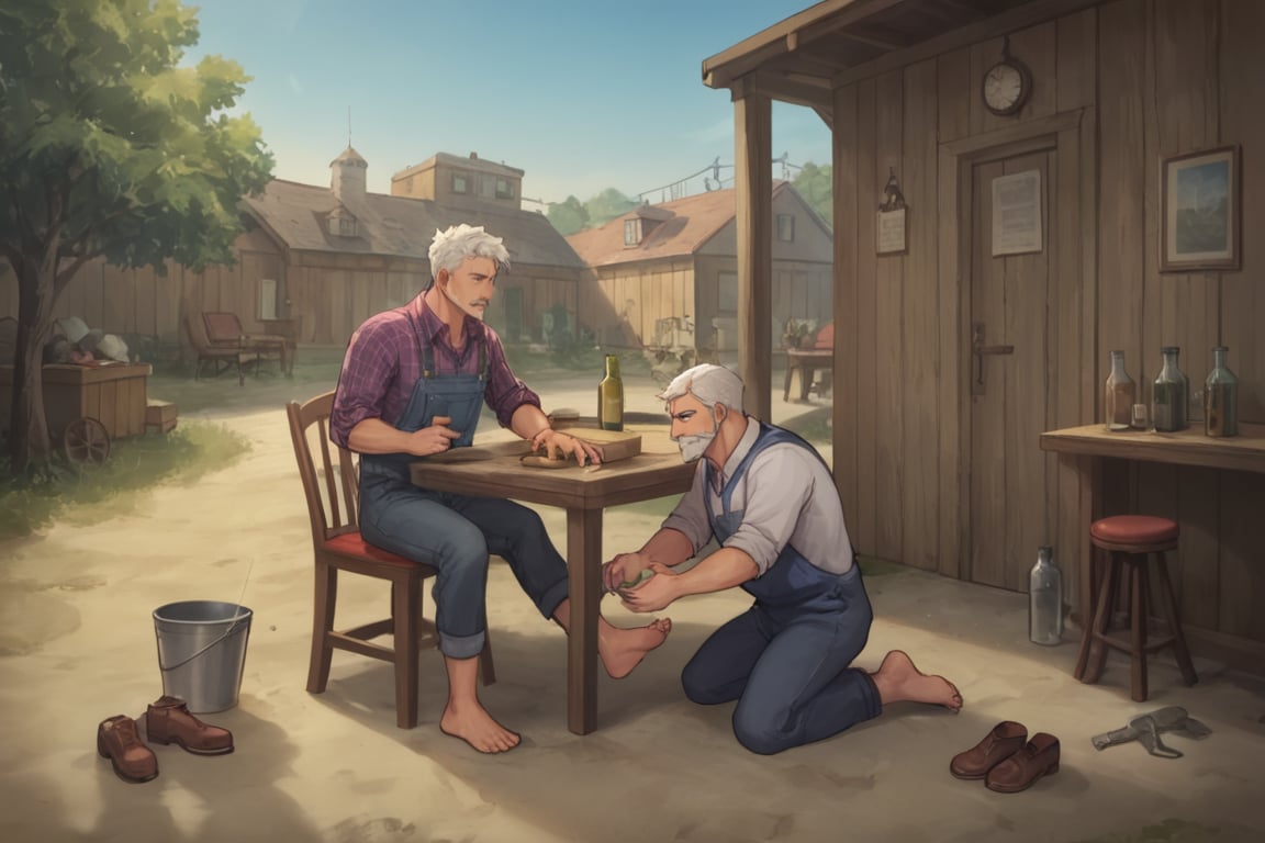 washingfeet,  2boys,  looking at another,  european man,  overalls,  long sleeve plaid shirt,  bare feet,  feet in metal bucket,  seated,  wood chairs,  african man,  white hair,  beards,  mustaches,  purple vest,  long sleeve white shirt,  cuffs rolled up,  discarded boots,  end table,  bottle of beet,  on wood porch,  wood walls,  building exterior,  outdoors,<lora:EMS-294244-EMS:0.800000>