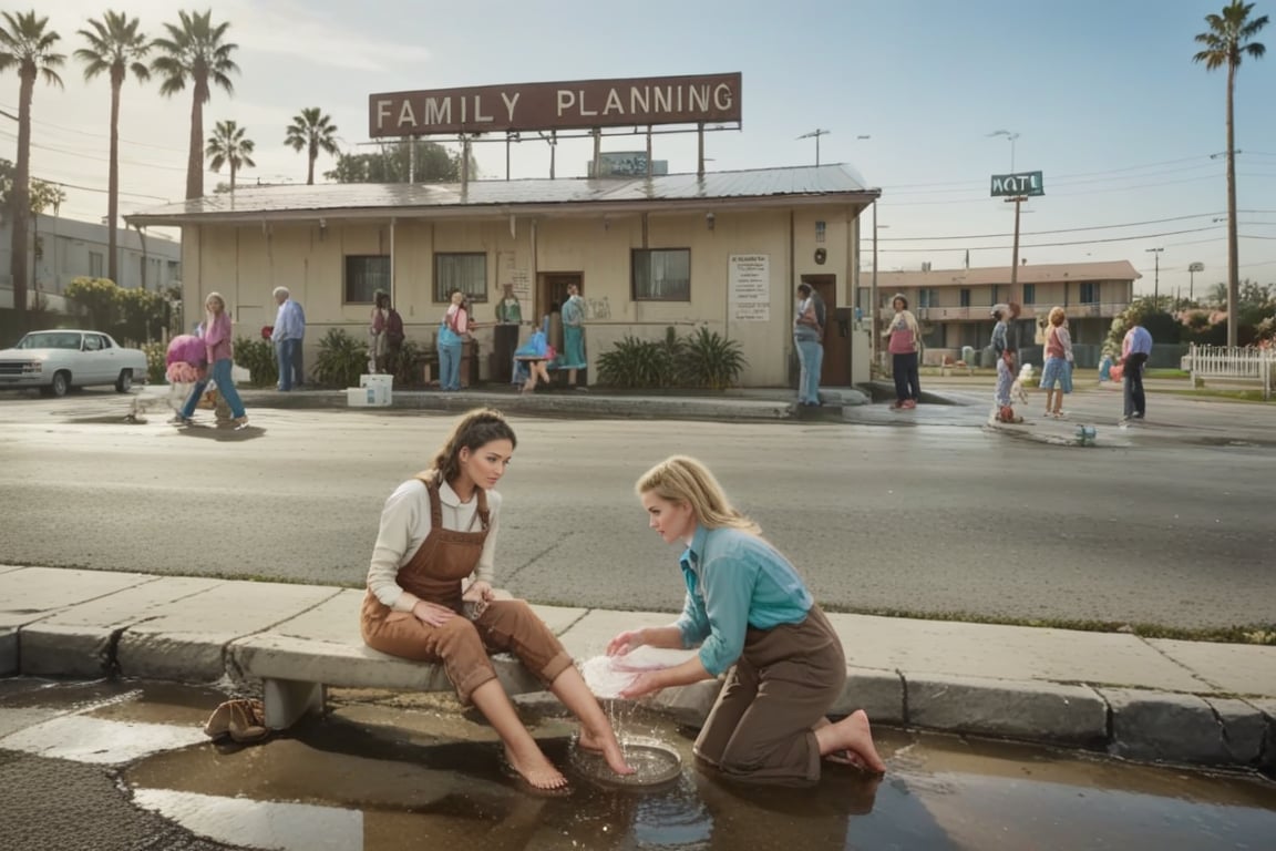 washingfeet,  2girls,  brunette woman,  brown overalls,  white long sleeve shirt,  bare feet,  blonde woman,  kneeling,  holding her feet,  tub,  water,  discared footwear,  building exterior,  building reads "FAMILY PLANNING CLINIC",  people on strike in background,  picket fence,  sign reads "MOTEL",  palm trees,  outdoors,  sidewalk,  seated on bench,<lora:EMS-294229-EMS:0.800000>,<lora:EMS-292524-EMS:0.600000>