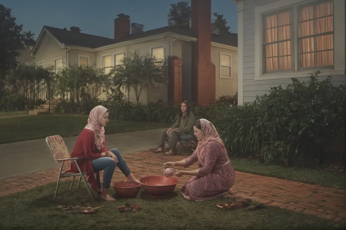 washingfeet,  2girls,  muslim woman,  head scarf,  red long sleeve shirt,  blue jeans,  bare feet,  seated on folding outdoor chair,  discarded flats,  brunette woman sitting on feet pink dress bare feet,  holding sponge,  holding her foot,  bowl,  hose,  discarded shoes,  brick path,  house exteriors,  in back yard,  plants,  onlookers,  at night,<lora:EMS-294244-EMS:0.700000>,<lora:EMS-292524-EMS:1.000000>