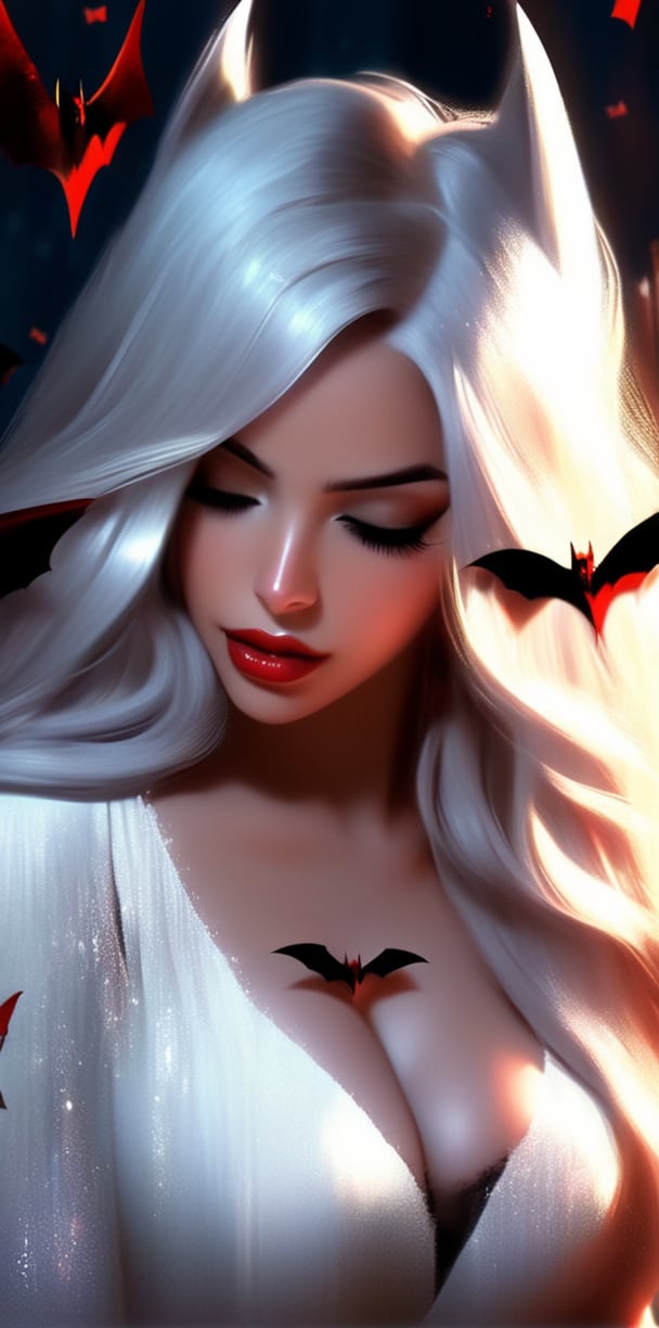 1girl, solo, long hair, breasts, closed eyes, white hair, outdoors, lips, blood, night, bat \(animal\)