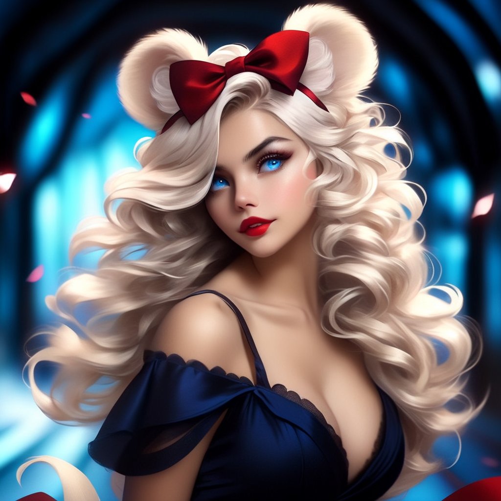 1girl, solo, breasts, looking at viewer, blue eyes, blonde hair, bow, animal ears, cleavage, closed mouth, upper body, white hair, hair bow, blurry, red bow, lips, makeup, depth of field, blurry background, wavy hair, lipstick, curly hair, mouse ears, red lips