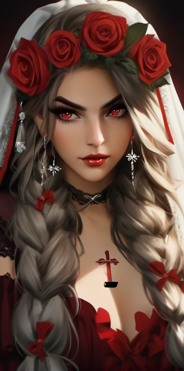 1girl, solo, long hair, looking at viewer, hair ornament, red eyes, ribbon, brown eyes, jewelry, upper body, braid, flower, white hair, earrings, frills, hair flower, twin braids, lips, eyelashes, blood, makeup, rose, cross, red flower, portrait, veil, hair over shoulder, red rose, red lips, vampire, stitches