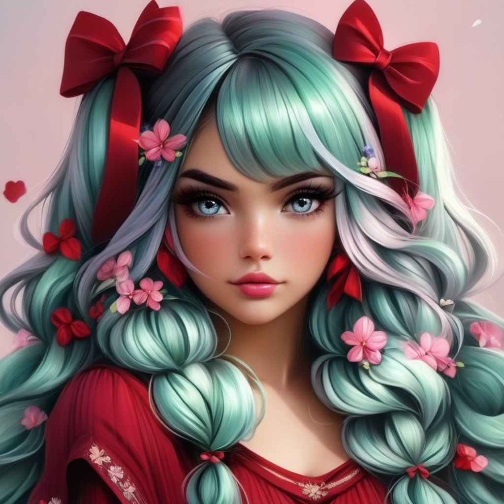 1girl, solo, long hair, looking at viewer, hair ornament, bow, ribbon, twintails, closed mouth, upper body, pink hair, braid, flower, hair bow, multicolored hair, lips, grey eyes, petals, eyelashes, wavy hair, realistic