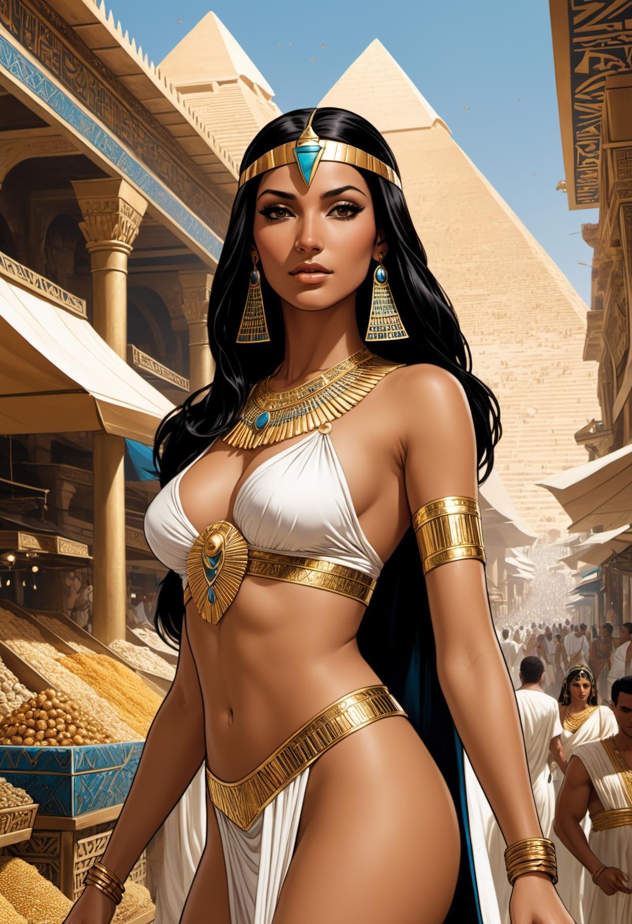 Comic style, dc graphic novel, marvel, intricate details,, (1girl, deep tan:1.2), close up body shot, beautiful Egyptian pharaoh Cleopatra walking through a bustling market place, sensual pose, (pharaohs head dress with opulent sheer silk clothing and lavish gold jewelry:1.1), white pyramids in the distance