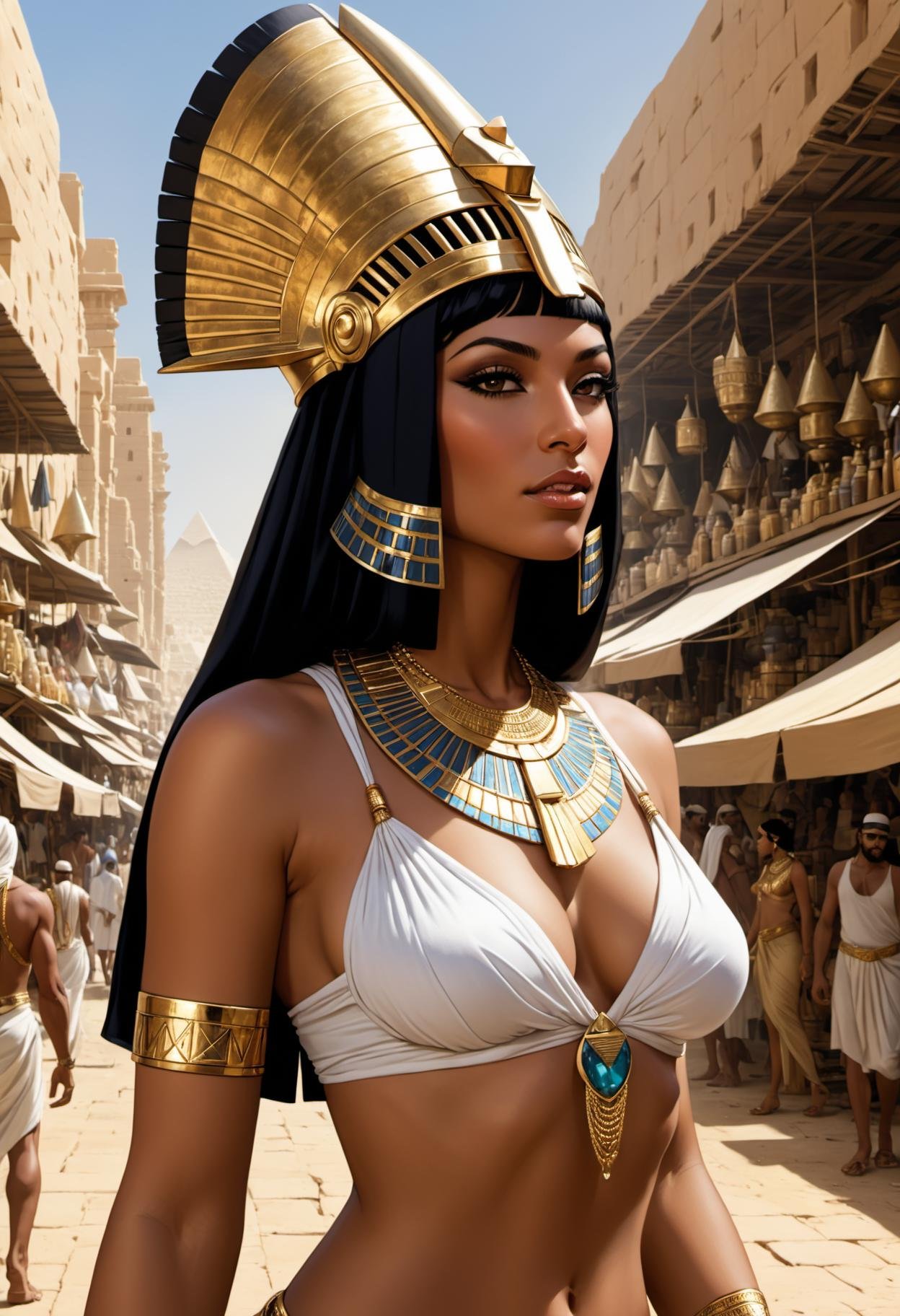 Comic style, dc graphic novel, marvel, intricate details,, (1girl, deep tan:1.2), close up body shot, beautiful Egyptian pharaoh Cleopatra walking through a bustling market place, sensual pose, (pharaohs head dress with opulent sheer silk clothing and lavish gold jewelry:1.1), white pyramids in the distance