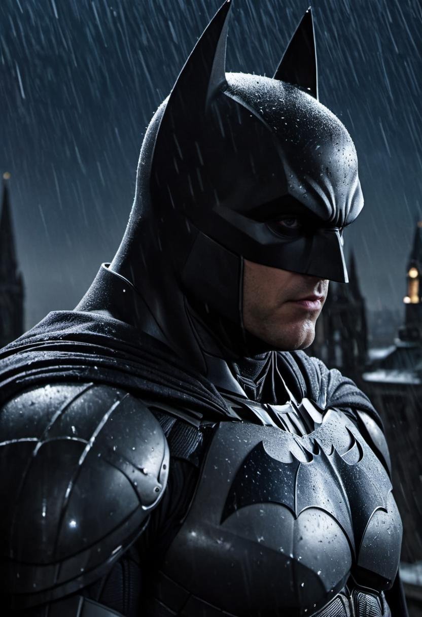 found footage, security camera, ((extreme close up profile portrait)),batman standing on a gothic cathedral rooftop with his black cape billowing in the wind, detailed eyes, wearing an intricately detailed advanced hi-tech armored batsuit, overlooking Gotham city, dark moody cinematic lighting, raining, reflections, insired by (the dark knight:0.8)|(batman v superman:0.7)|(arkham knight:0.9)