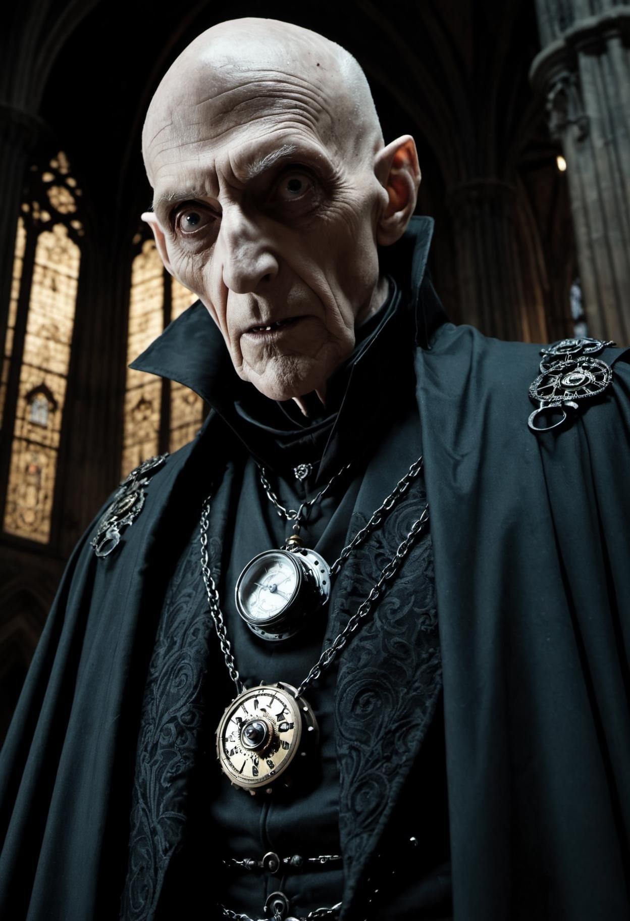 Steampunk style, cogs, clockwork machinery, night time, low angle, terrifying fierce male Nosferatu vampire lord, (gaunt face, emaciated, haunting big eyes, elderly, bald, wrinkled skin:1.3),( long fangs:1.3), tattered robes, pasty skin, dark gothic cathedral interior, detailed background